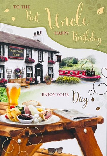 To The Best Uncle Happy Birthday Card Pub Beer Garden Cheese Board Canal Boat