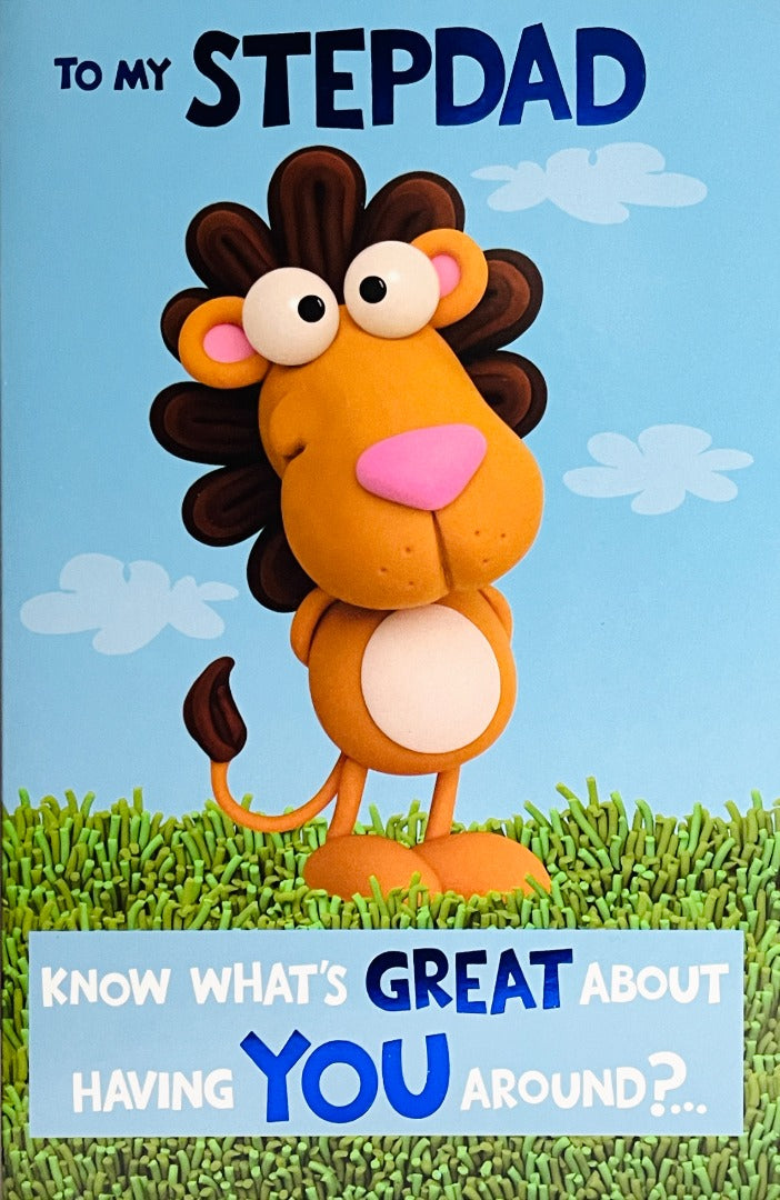 Cute Lion To My Stepdad Know What's Great About Having You Around?... Fun Father's Day Blue Foil UK Greetings Card
