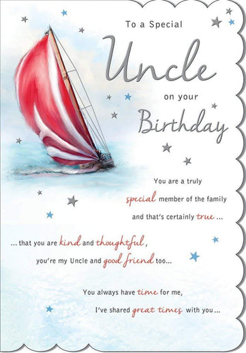 Special Uncle Happy Birthday with Love Card with Lovely Verse Traditional Sailing Boat Art
