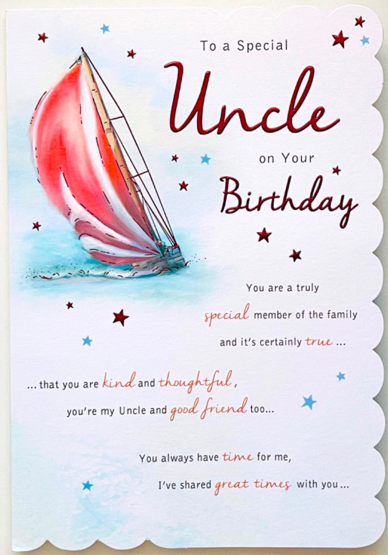 Special Uncle Happy Birthday with Love Card with Lovely Verse Traditional Sailing Boat Art