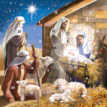 Around the Manger Religious Advent Calendar with Christmas Countdown - 24 Door - Large Square (9.5'' x 9.5'') Gift Card with Envelope by Ling Design