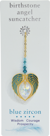 BLUE ZIRCON December Birthstone Gold Angel Wing Heart Sun-catcher Hanging Crystal Gift