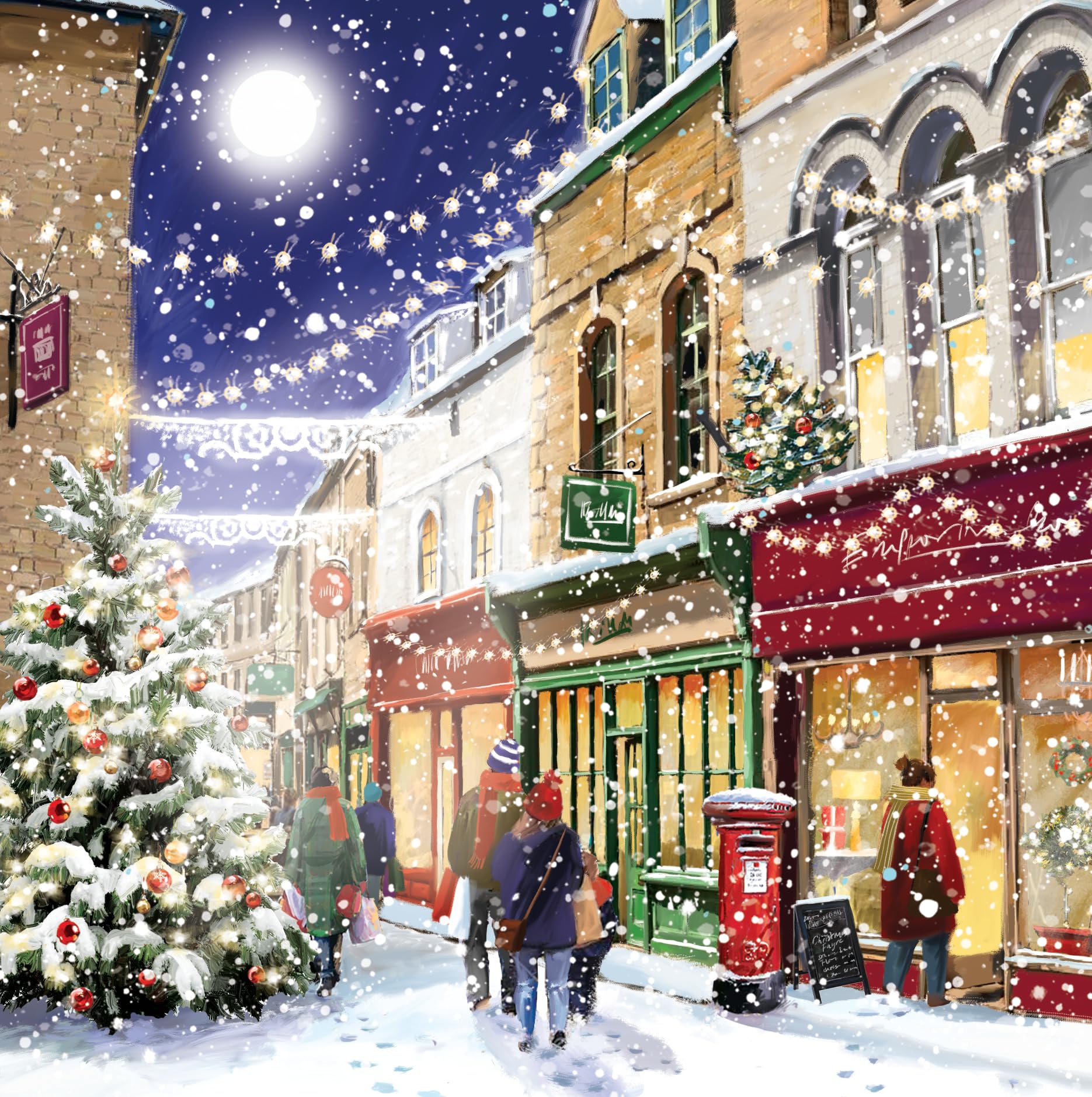 Festive Town Shopping Deluxe Box of 12 Christmas & New Year Cards - 135 x 135mm (5.5x5.5in) - Gloss Finish on Premium Board by Ling Design