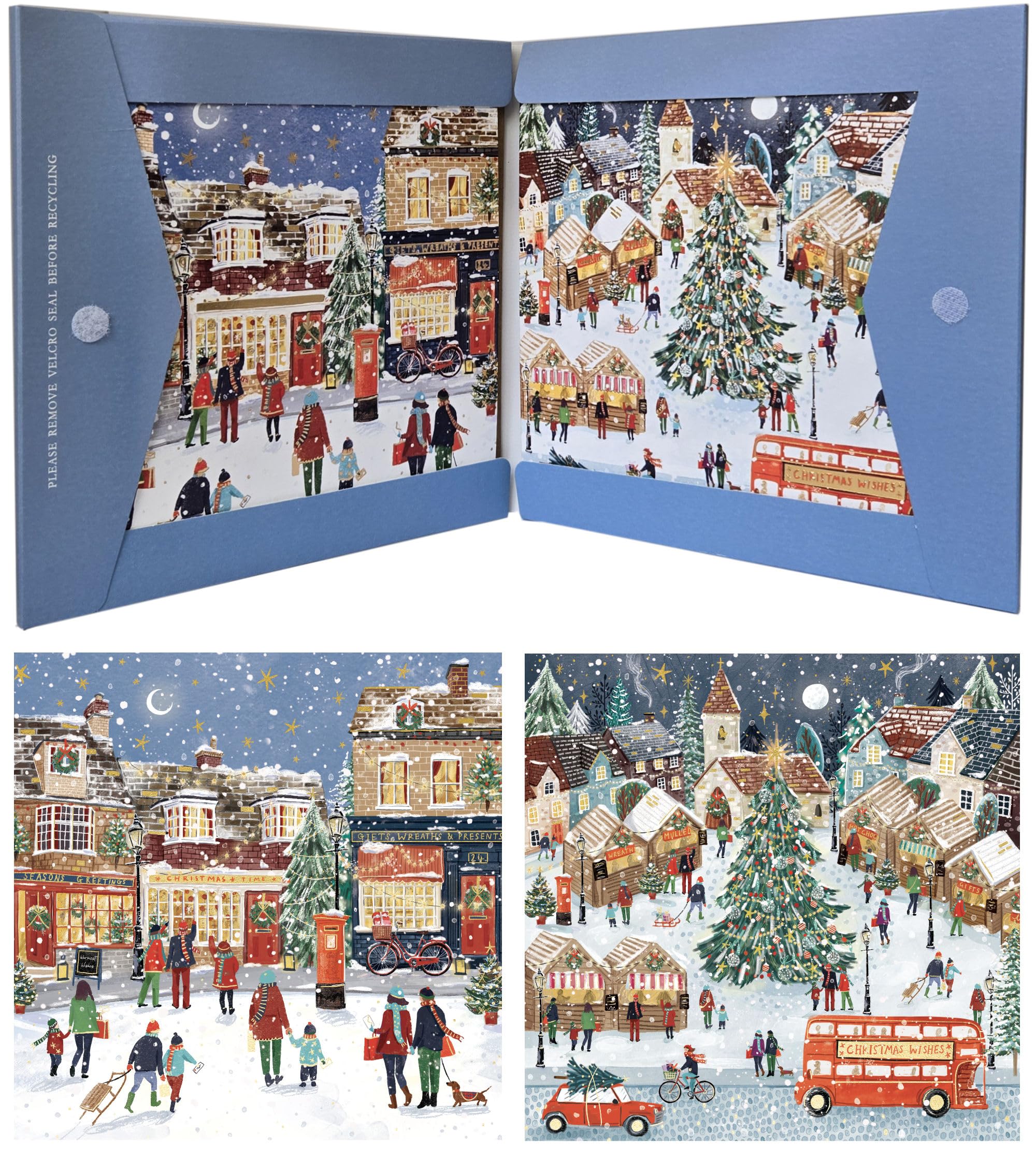 London Christmas Shopping - Festive Arts & Crafts Pack of 8 Christmas Cards in 2 Designs - 16 x 16cm - Gold Embossed - Great British Card Company