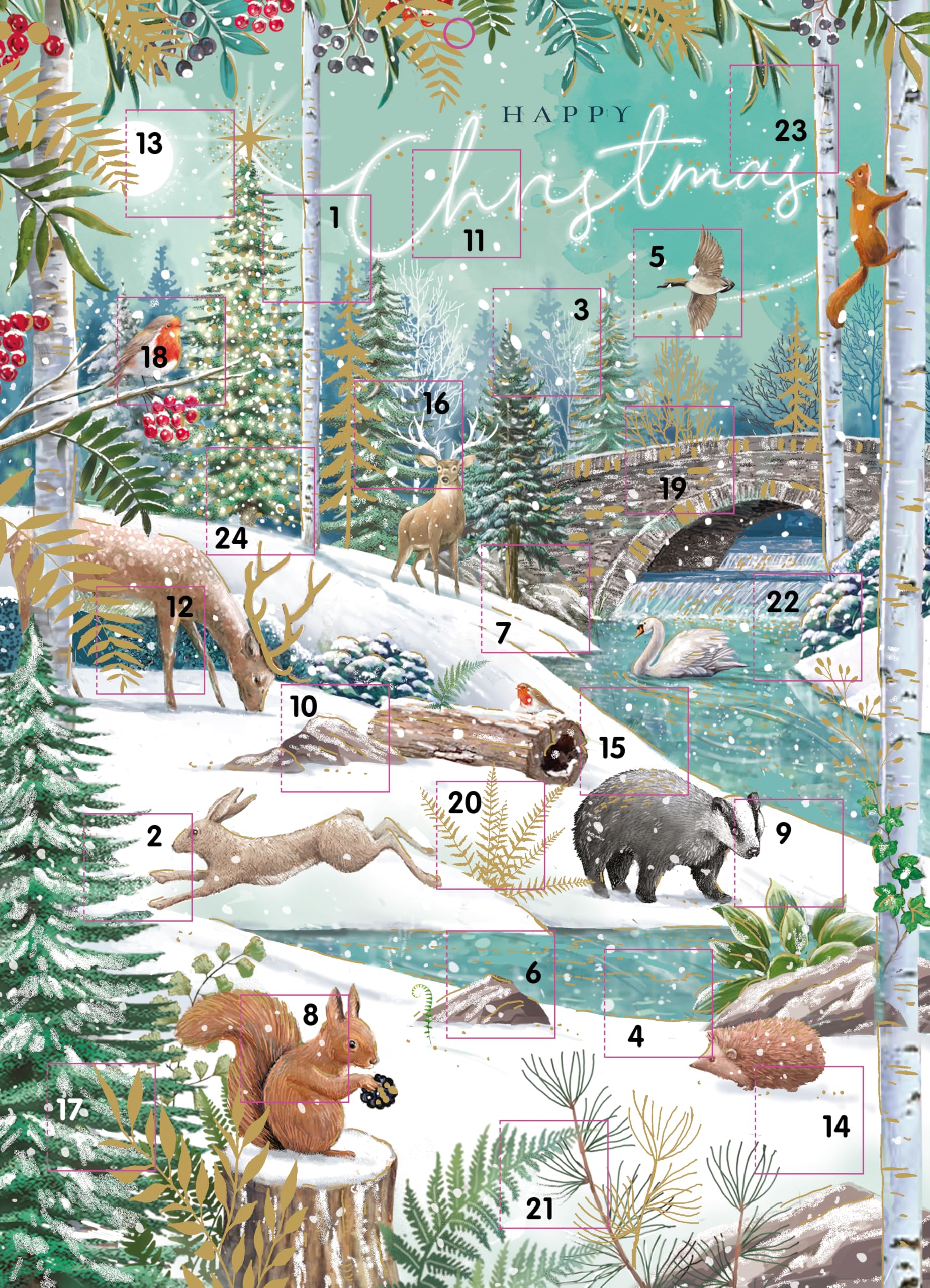 Large Classic Advent Calendar Christmas Countdown - 24 Door (13.5'' x 9.5'') Gift Card with Envelope by Ling Design
