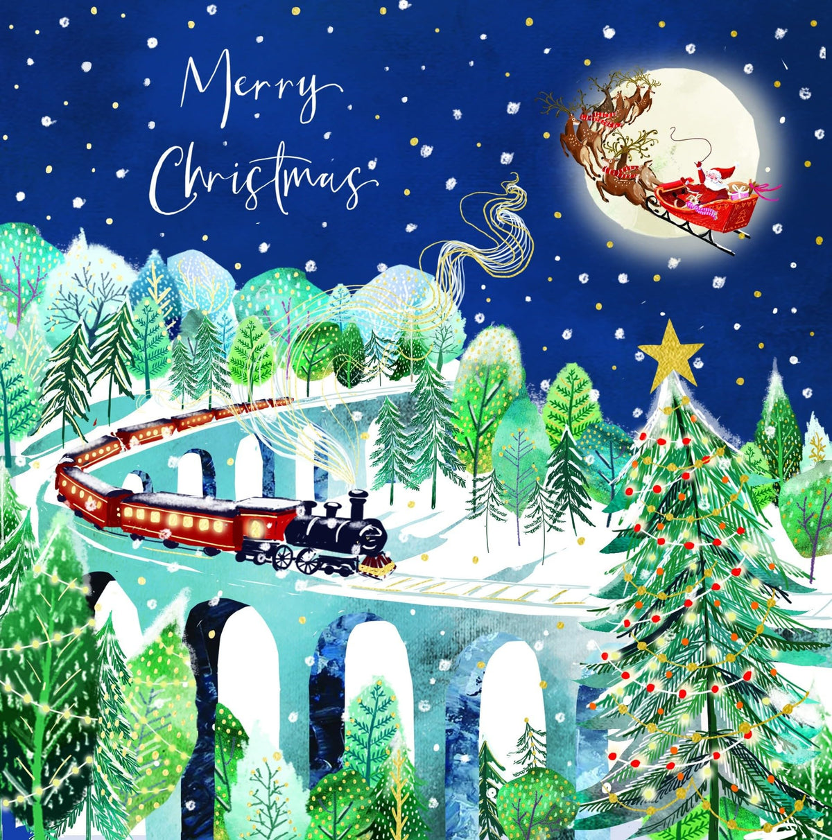 Ling Design Scenic Charity Christmas Cards - Pack of 6 Square Xmas Cards with Envelopes - Snowy Village, Santa Sleigh, Steam Train & Seaside Designs - 40p Donated to UK Charities