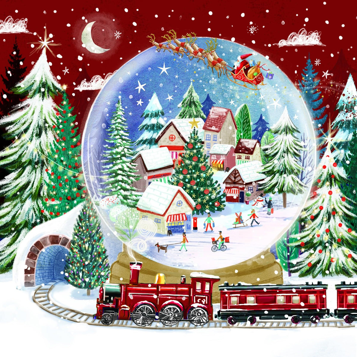 Ling Design Scenic Charity Christmas Cards - Pack of 6 Square Xmas Cards with Envelopes - Snowy Village, Santa Sleigh, Steam Train & Seaside Designs - 40p Donated to UK Charities