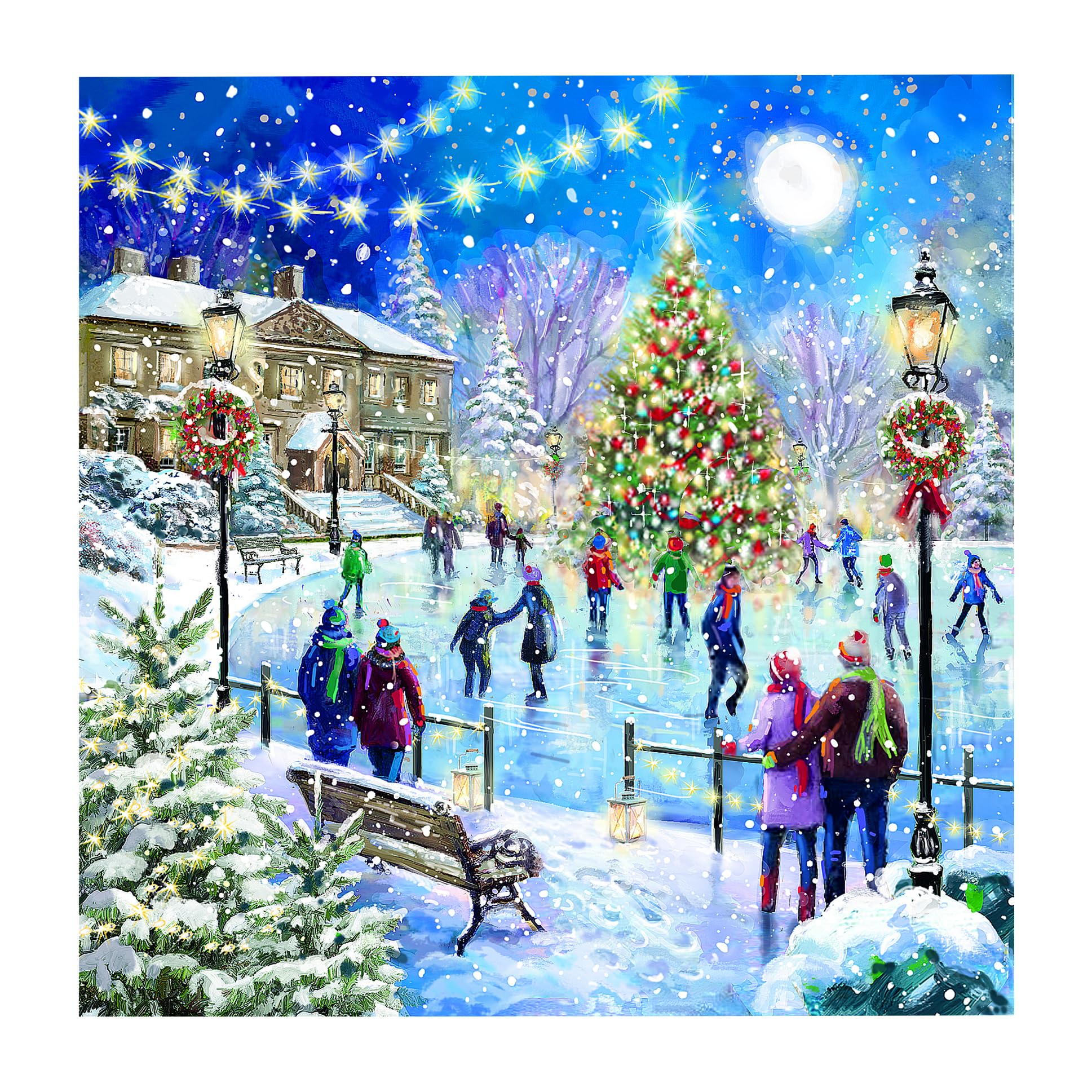 Skating on Xmas Eve - Festive Art Deluxe Box of 12 Christmas & New Year Cards - 135 x 135mm (5.5x5.5in) - Gloss Finish on Premium Board y Ling Design