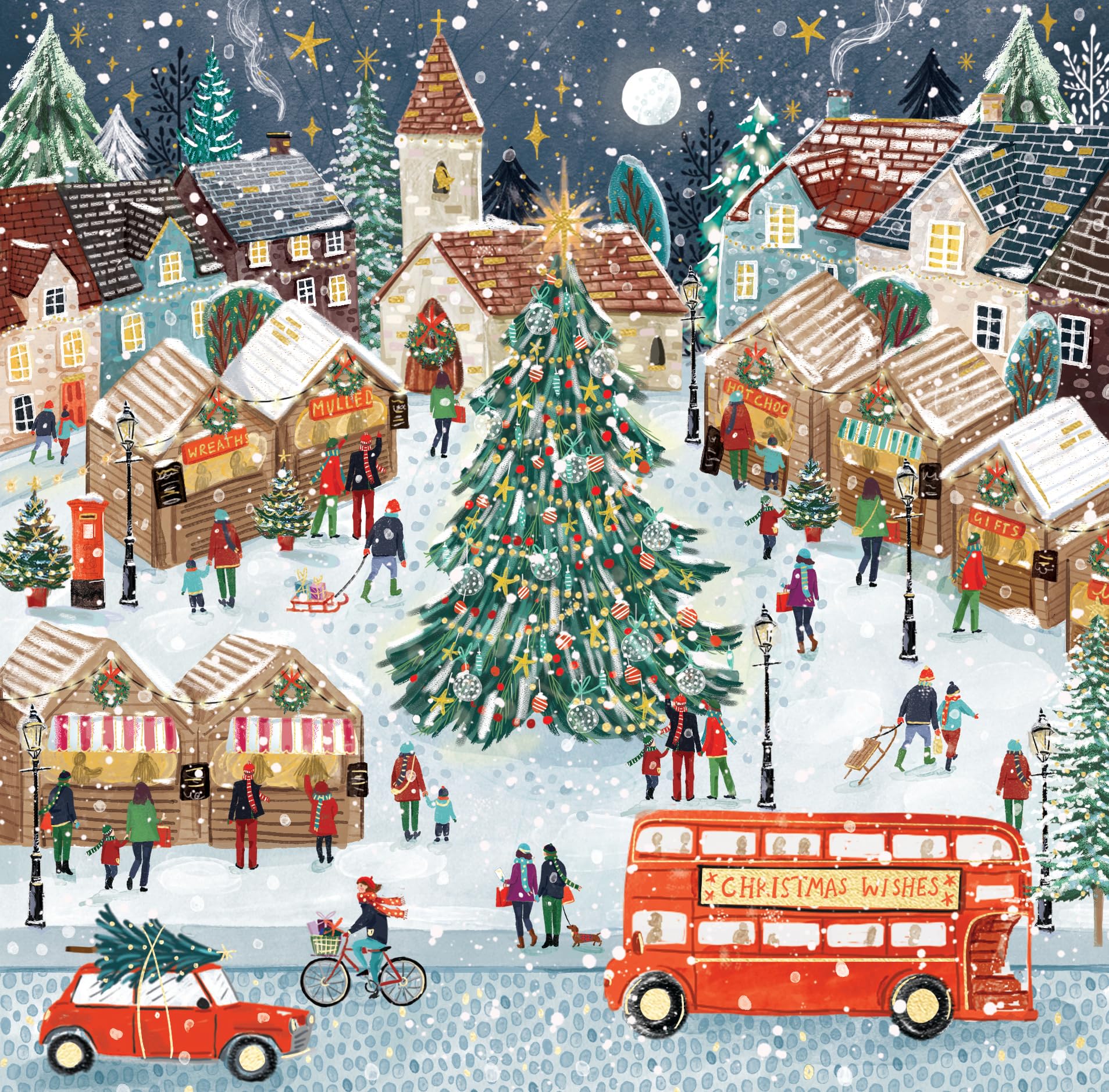 London Christmas Shopping - Festive Arts & Crafts Pack of 8 Christmas Cards in 2 Designs - 16 x 16cm - Gold Embossed - Great British Card Company