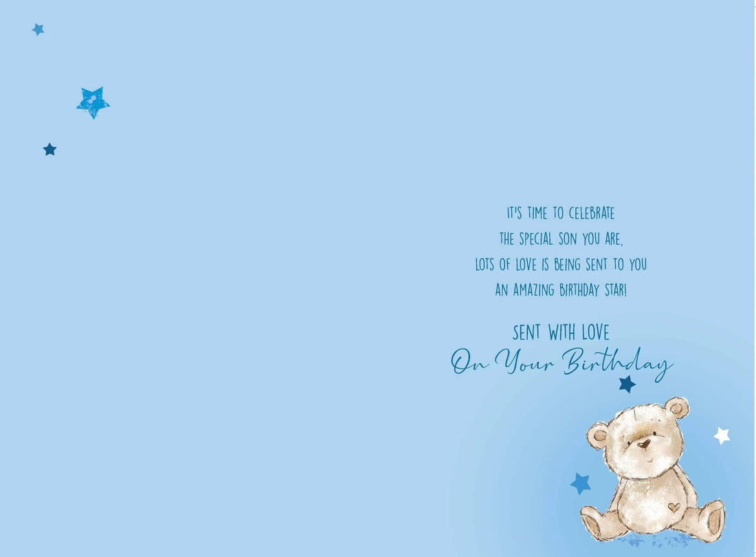 To The Most Huggable Son Happy Birthday Card with Love Adorable Teddy Bear Stars Blue