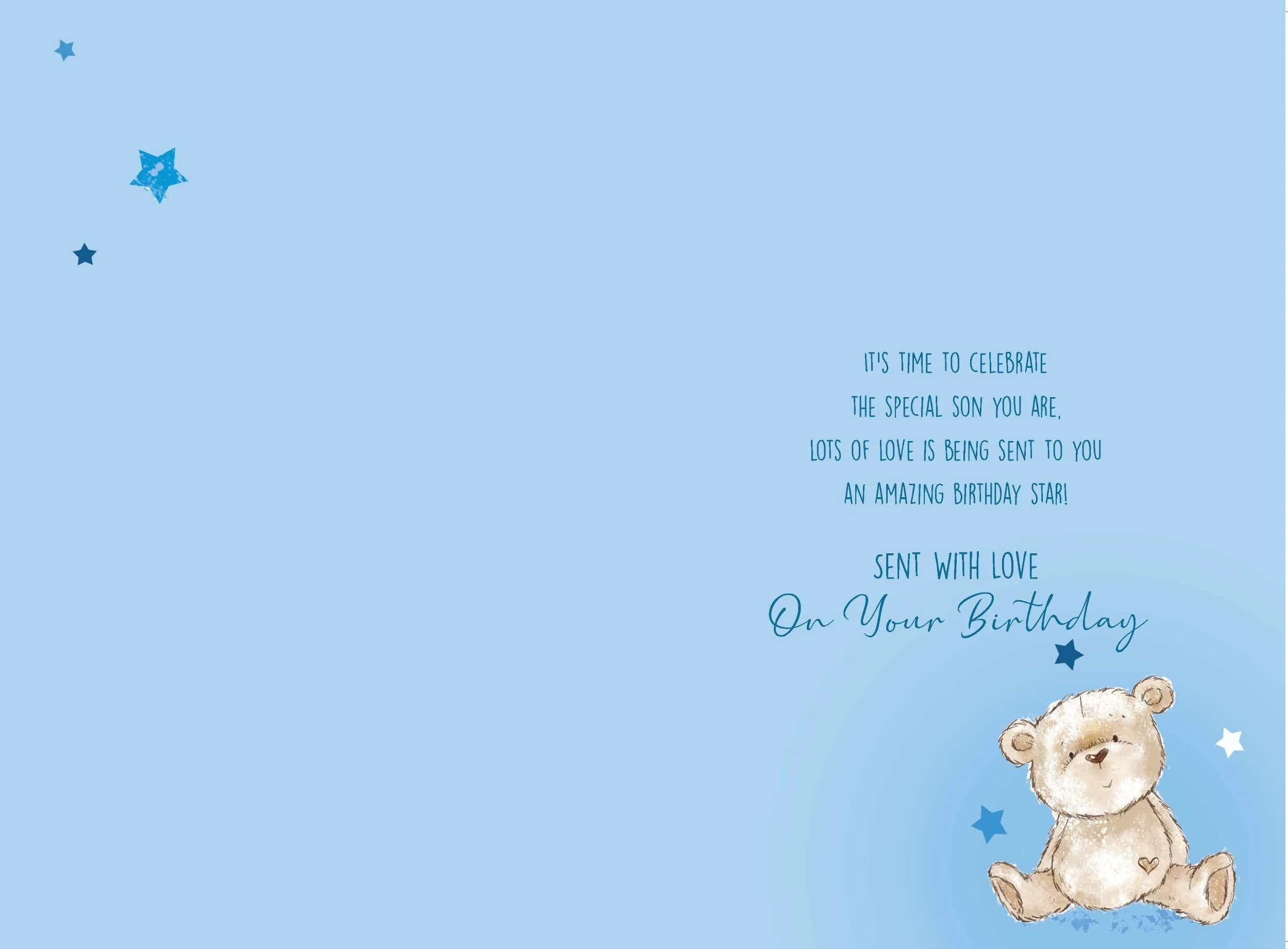 To The Most Huggable Son Happy Birthday Card with Love Adorable Teddy Bear Stars Blue
