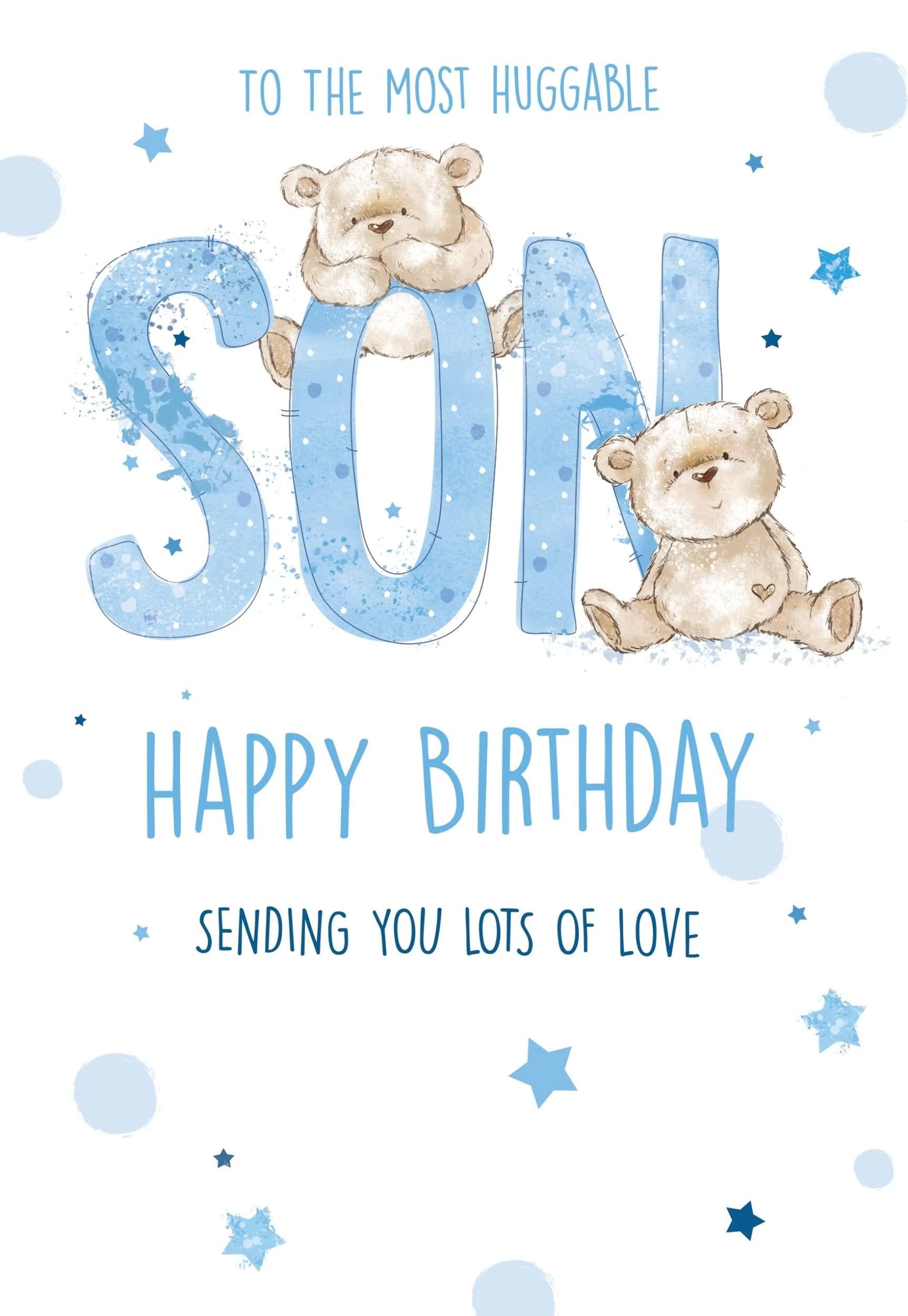 To The Most Huggable Son Happy Birthday Card with Love Adorable Teddy Bear Stars Blue
