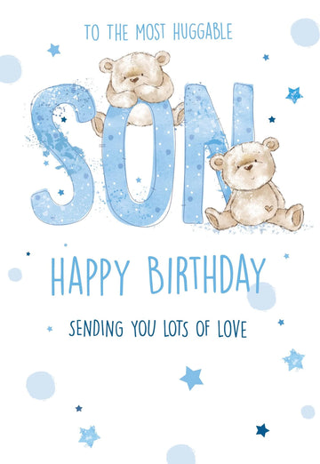 To The Most Huggable Son Happy Birthday Card with Love Adorable Teddy Bear Stars Blue