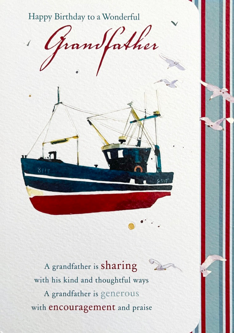 Happy Birthday To A Wonderful Grandfather Greeting Card Fishing Boat Ship Seagulls Watercolour Art