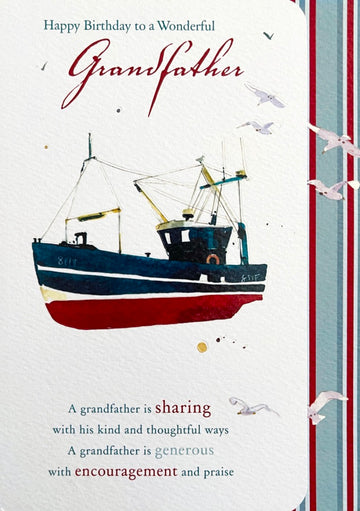 Happy Birthday To A Wonderful Grandfather Greeting Card Fishing Boat Ship Seagulls Watercolour Art