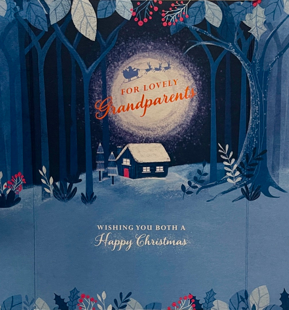 Lovely Grandparents Happy Christmas Card Rabbits in Moonlit Forest Watching Santas Sleigh Hallmark