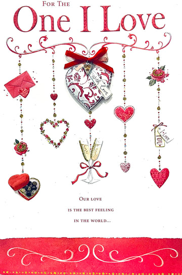 For The One I Love With Love with Heart Ribbon and Wine Glasses Valentines Day Beautiful UK Greetings Card