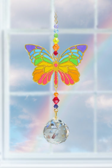 Rainbow Butterfly Gold Motif with Stained Glass Crystal Dreams Suncatcher Mobile