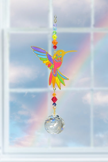 Hummingbird Lightness of Being Crystal Ball Pendant Sun-catcher Mobile Hanging Crystal Ornament With Gold & Coloured Glass Details
