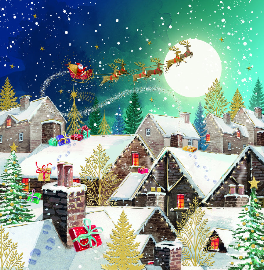 Ling Design Christmas card with Santa flying over snowy rooftops