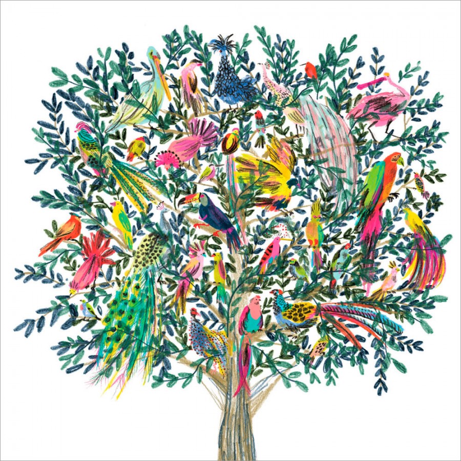 Paradise Tree Colourful Birds Blank Fine Art Print Greeting Card for Any Occasion