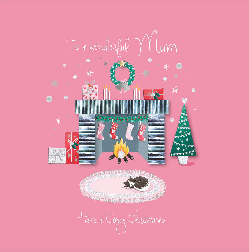 Wonderful Mum Cosy Christmas Fireplace Cat Luxury Handmade 3D Greeting Card By Talking Pictures