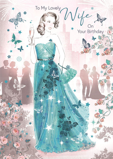 Bella Lovely Wife on Your Birthday Greeting Card (CO-BE030) - Female Ballgown Champagne - Foil Finish - from Cherry Orchard