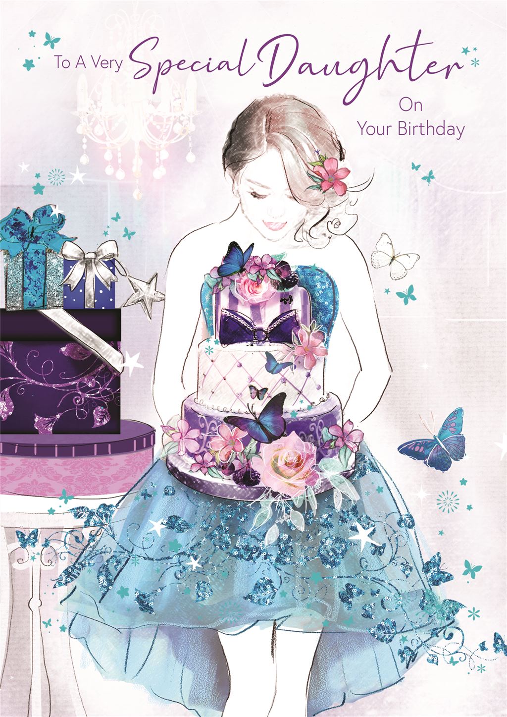 Bella Special Daughter Birthday Card (CO-BE033) - Girl in Dress with Flowers & Cake - Foil Finish - from Cherry Orchard