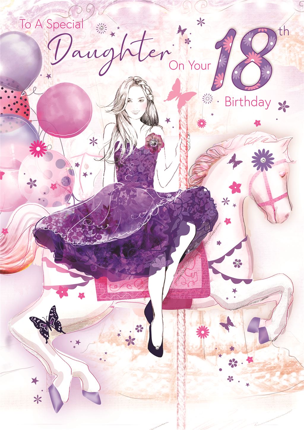 Bella Daughter 18th Birthday Card (CO-BE034) - Age 18, Carousel and Balloons - Foil Finish - from Cherry Orchard