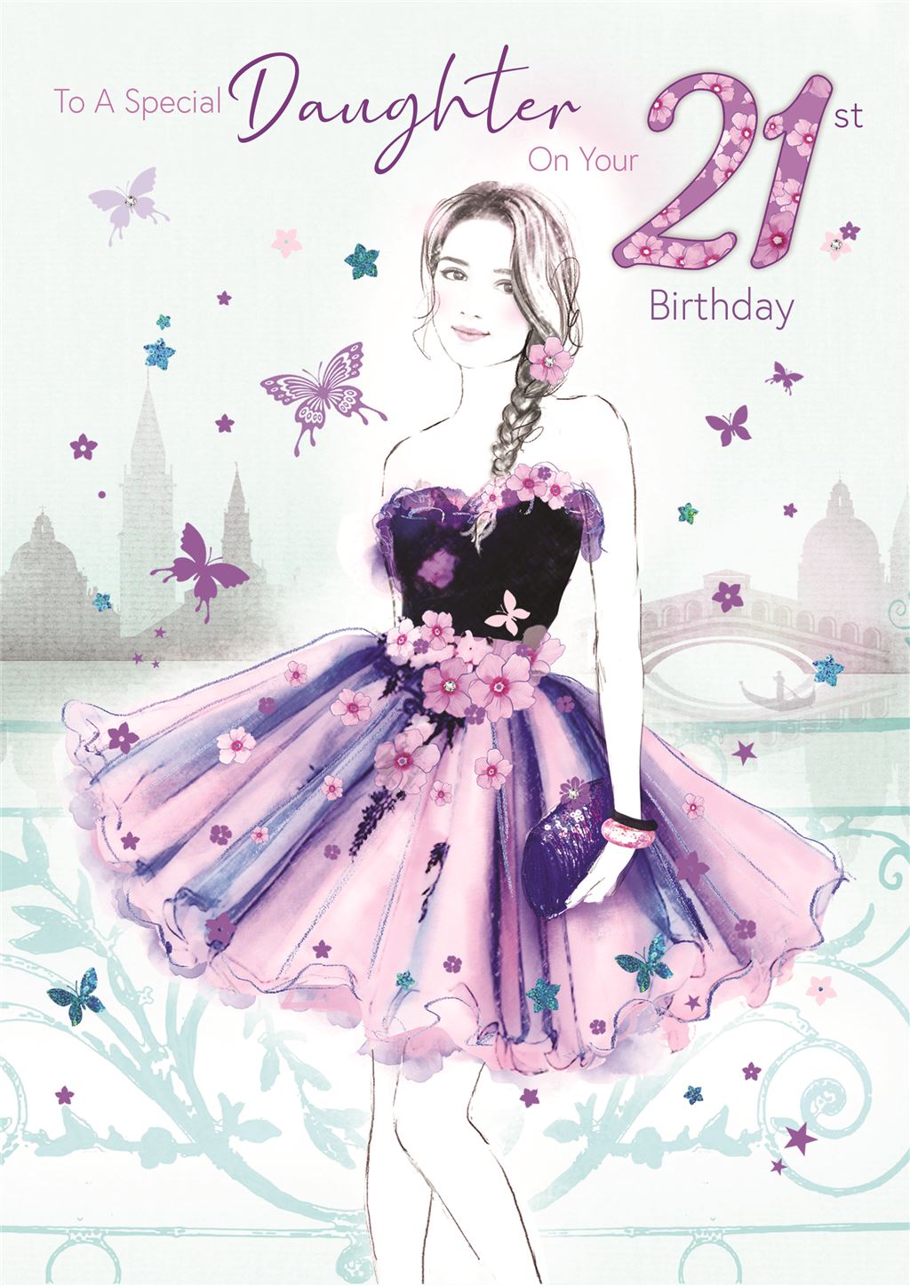 Bella Daughter 21st Birthday Card (CO-BE035) - Age 21, Elegant Female in Floral Dress - Foil Finish - from Cherry Orchard