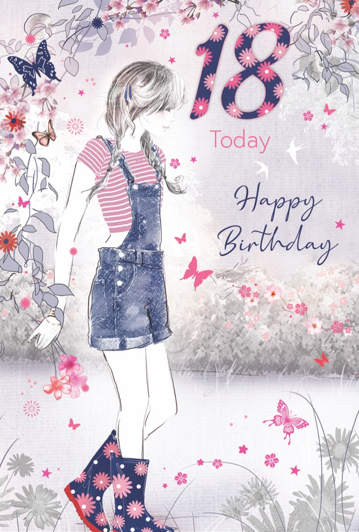 Girl in Dungaree's Bella by Cherry Orchard Female Age 18 Today - Happy 18th Birthday Card