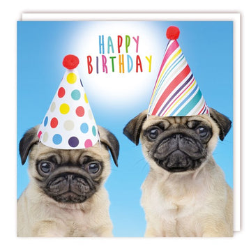 Pug Dogs Wearing Party Hats Happy Birthday Greeting Card Tracks Publishing