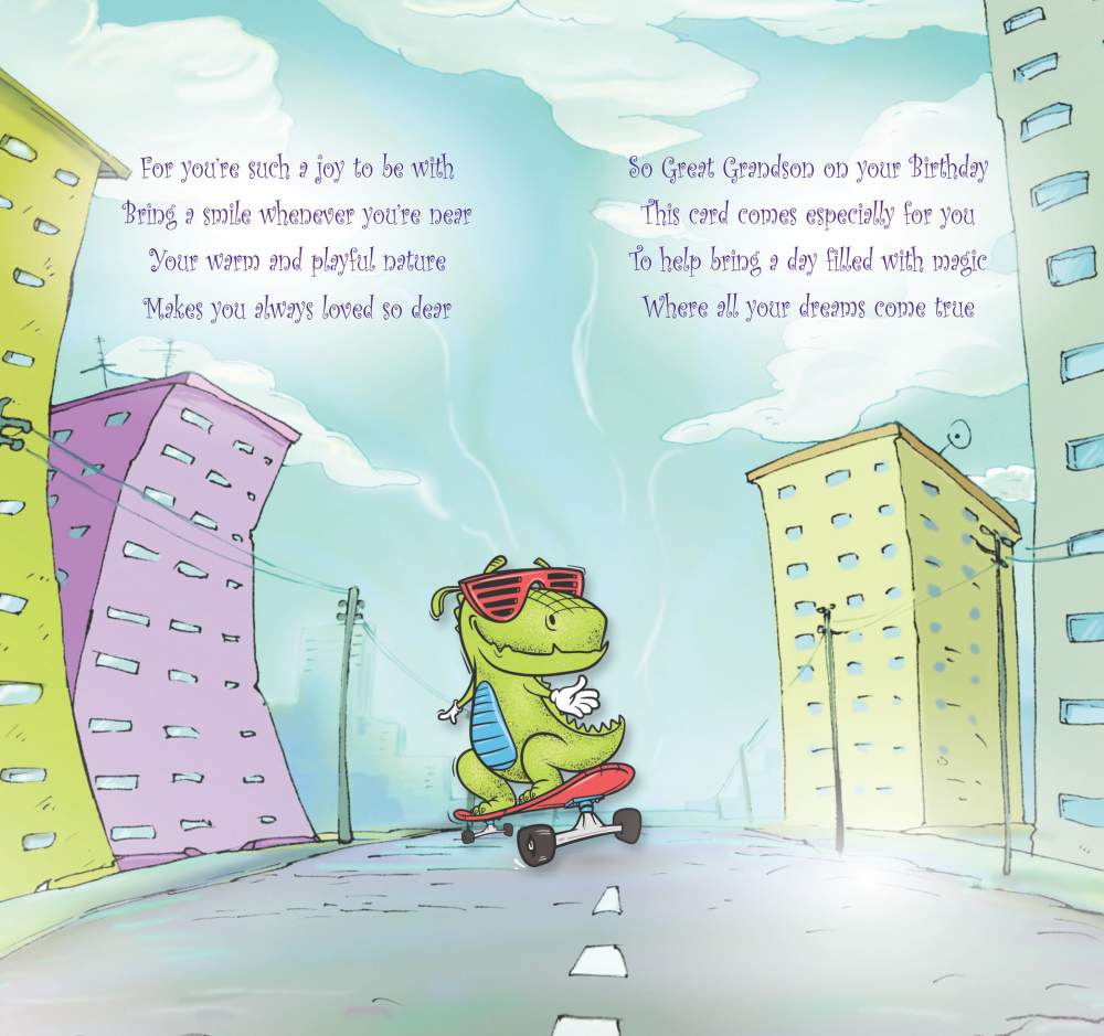 For a very Special Great-Grandson on Your Birthday Card with Colour Insert & Lovely Verse - Cool Dinosaur Skateboarder - Loving Words by Cardigan Cards