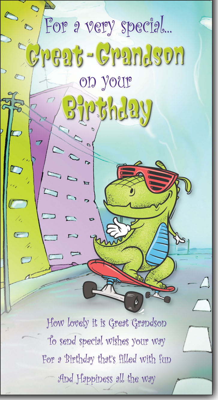 For a very Special Great-Grandson on Your Birthday Card with Colour Insert & Lovely Verse - Cool Dinosaur Skateboarder - Loving Words by Cardigan Cards