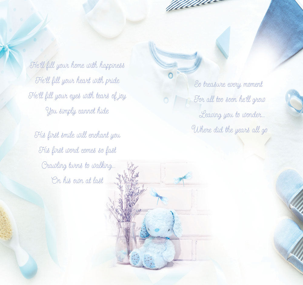 Baby Boy Birth Congratulations Greeting Card with Colour Insert & Lovely Verse - Foil Finish Blue Teddy Bear - Loving Words by Cadigan Cards (ED7014)