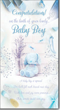 Baby Boy Birth Congratulations Greeting Card with Colour Insert & Lovely Verse - Foil Finish Blue Teddy Bear - Loving Words by Cadigan Cards (ED7014)