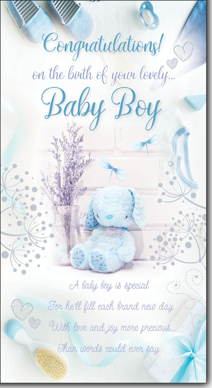 Baby Boy Birth Congratulations Greeting Card with Colour Insert & Lovely Verse - Foil Finish Blue Teddy Bear - Loving Words by Cadigan Cards (ED7014)