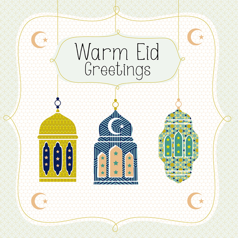 Warm Eid Greetings Card Geometric Lanterns with Glitter finish