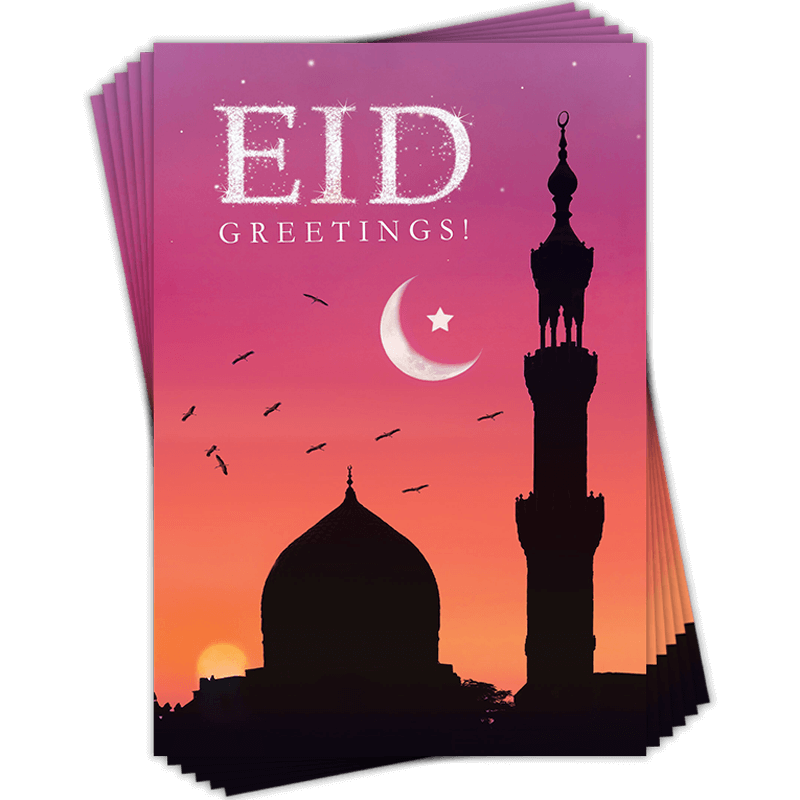 Eid Greetings! Green Silhouette Mosque Dawn/Sunset Greeting Cards Pack of 6 