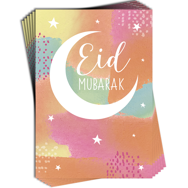 Eid Mubarak Crescent Moon Pastel Colours Muti Pack of 6 Greeting Cards with Glitter Finish