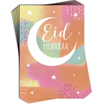 Eid Mubarak Crescent Moon Pastel Colours Muti Pack of 6 Greeting Cards with Glitter Finish