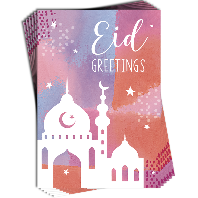 Eid Greetings Mosque Pastel Colours Muti Pack of 6 Cards with Glitter Finish