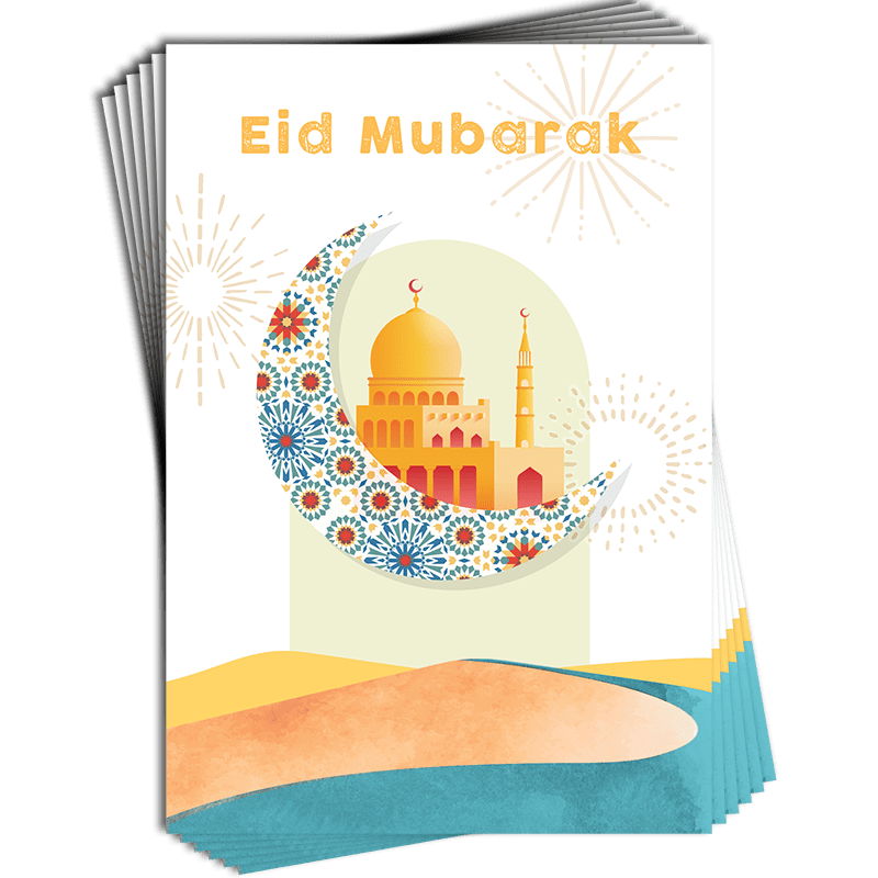 Moon & Mosque - Happy Eid Mubarak, Eid al-Adha & Eid al-Fitr End of Ramadan Islamic Religious Celebration - Pack of 6 Premium Greeting Cards