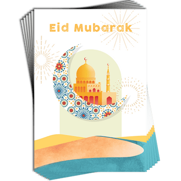 Moon & Mosque - Happy Eid Mubarak, Eid al-Adha & Eid al-Fitr End of Ramadan Islamic Religious Celebration - Pack of 6 Premium Greeting Cards