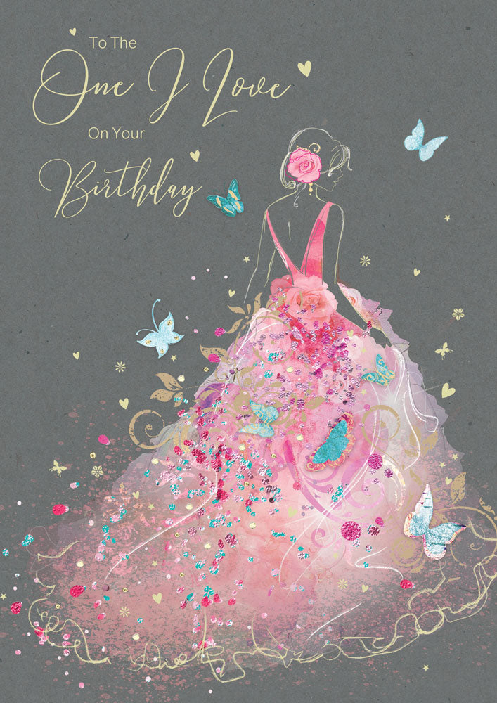 One I Love on Your Birthday Card - Gorgeous Grace Range Pink Dress Glitter & Foil Finish Card by Cherry Orchard