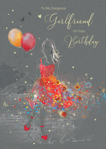 Gorgeous Girlfriend on Your Birthday Card - Gorgeous Grace Range Red Dress Glitter & Foil Finish Card by Cherry Orchard