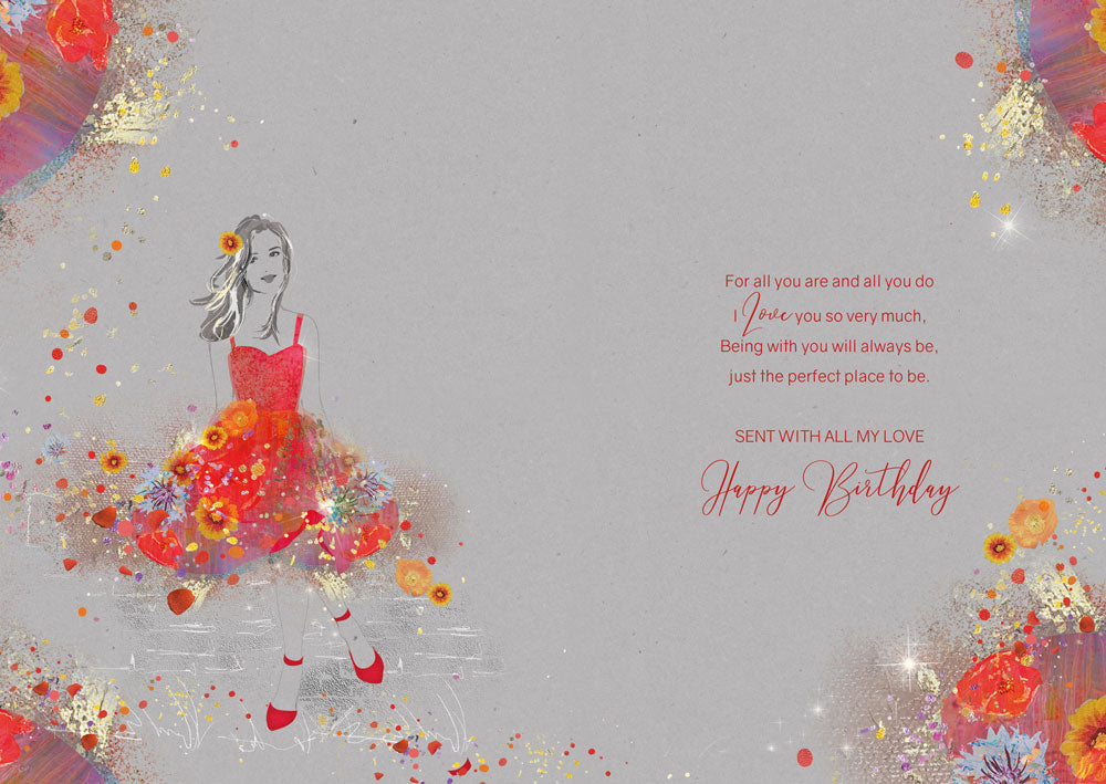 Gorgeous Girlfriend on Your Birthday Card - Gorgeous Grace Range Red Dress Glitter & Foil Finish Card by Cherry Orchard