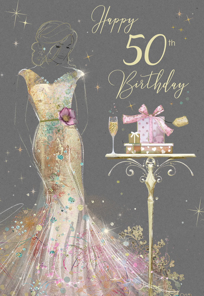 Stylish Female Milestone 50th Birthday Card - Gorgeous Grace Range Glitter & Foil Card by Cherry Orchard