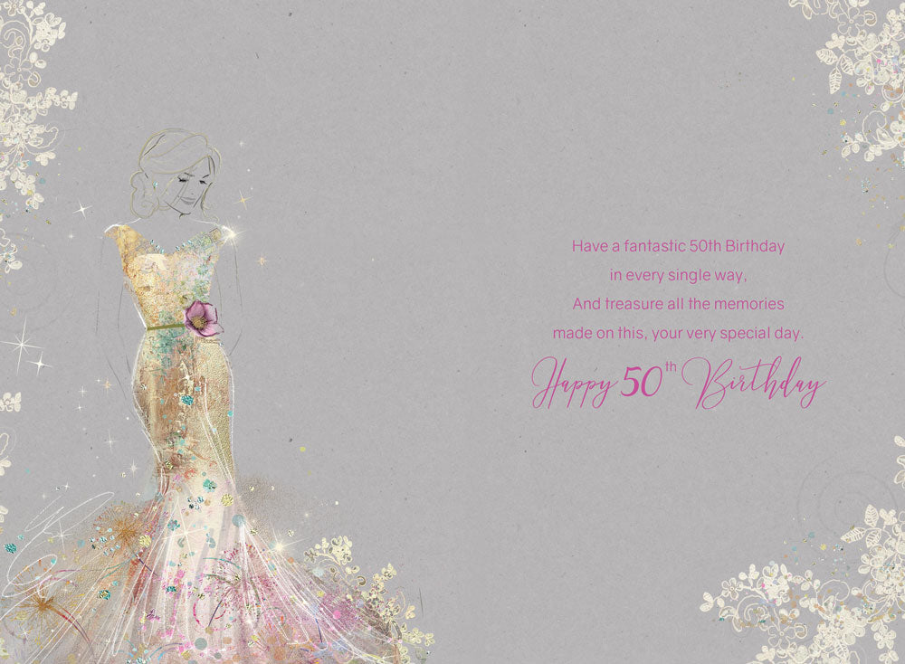 Stylish Female Milestone 50th Birthday Card - Gorgeous Grace Range Glitter & Foil Card by Cherry Orchard