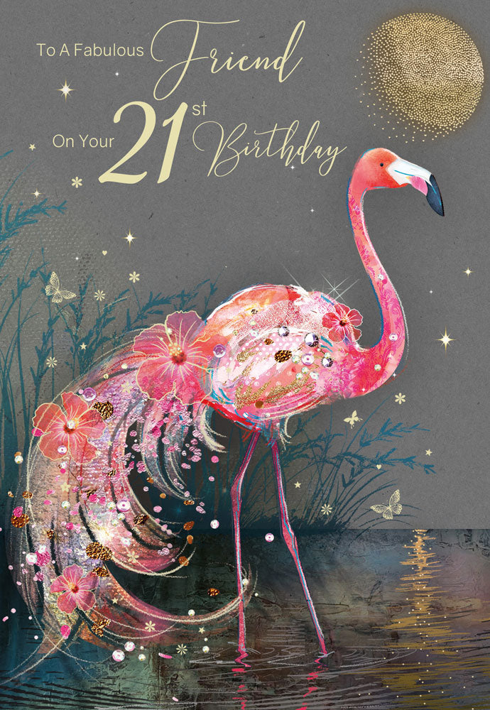 Fabulous Friend Milestone 21st Birthday Card - Gorgeous Grace Range Flamingo Glitter & Foil Finish Card by Cherry Orchard